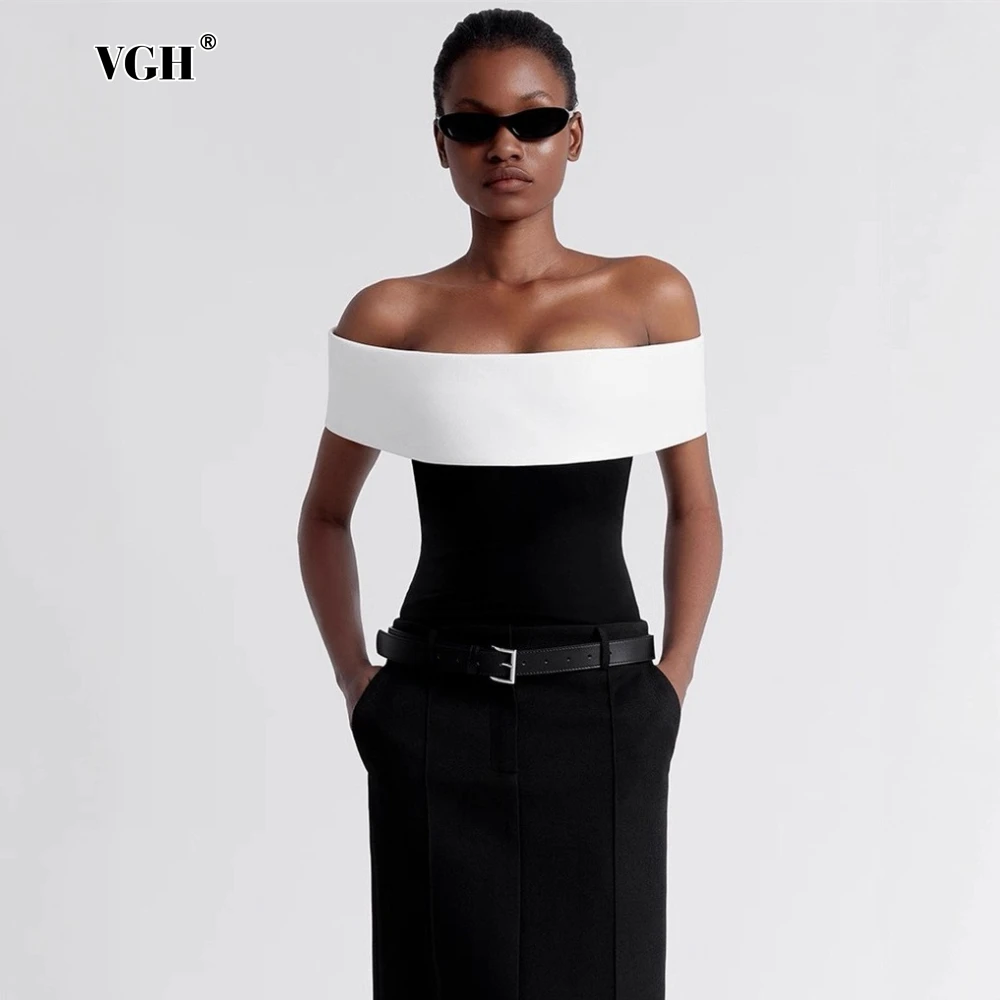 

VGH хитовая цветная офисная футболка для женщин с разрезом на шее и открытыми плечами, утягивающие минималистичные вязаные топы, женская осенняя одежда, новинка