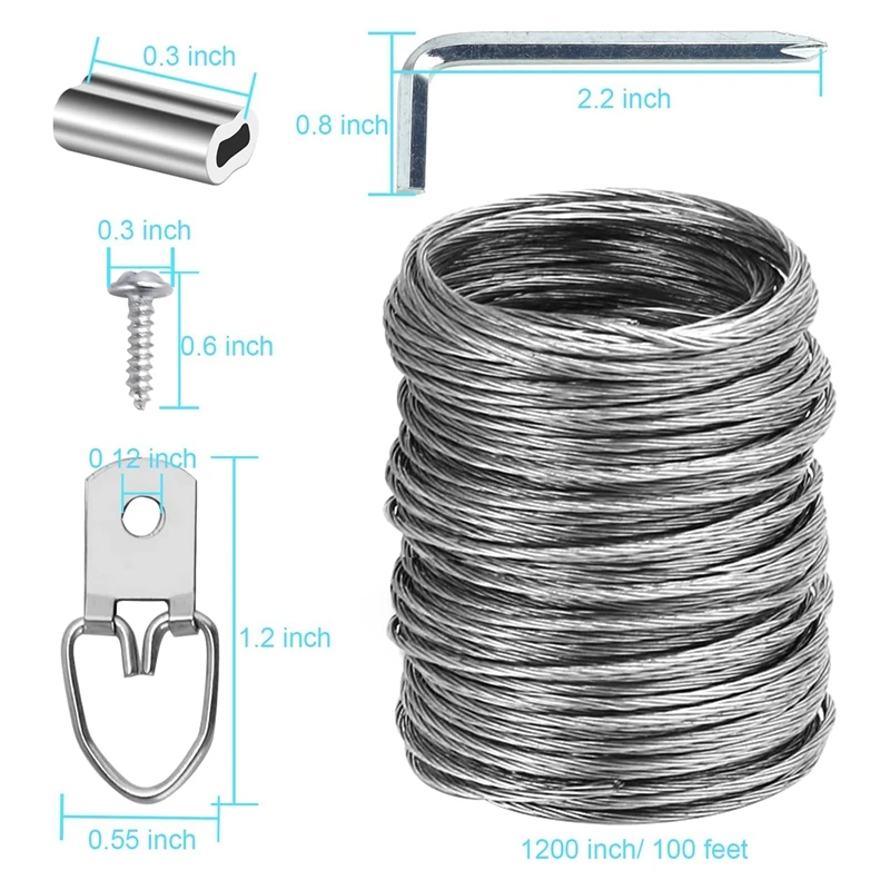 Kit di cavi da appendere per foto da 100 pezzi, immagine a filo resistente da 100 piedi appesa per opere d'arte con cornice per specchietti fotografici