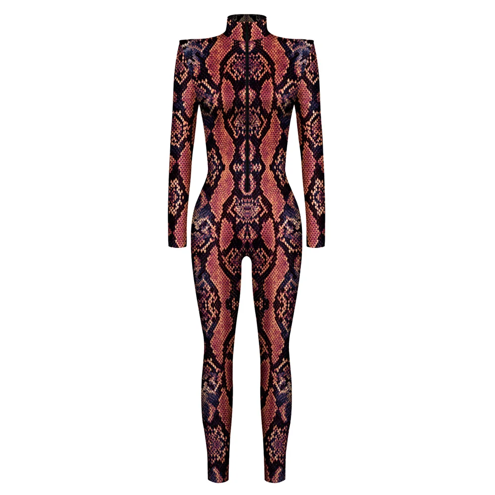 FCCEXIO Thriller Snake Skin Rompers 3D Print Cosplay Costume Sexy Jumpsuit Bodysuit Adult Carnival Halloween Party monos mujer