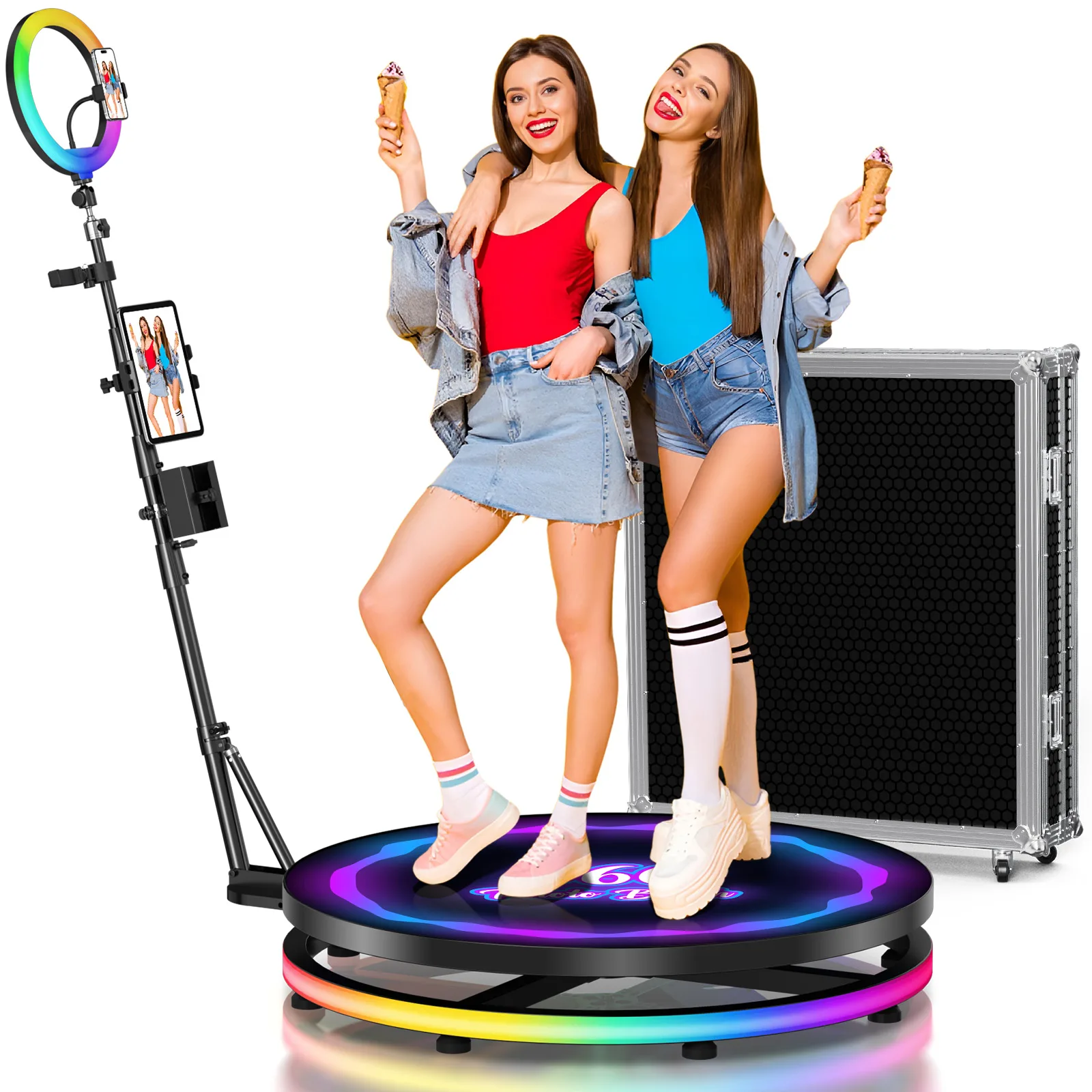 كابينة تصوير 360 درجة مع علبة طيران RGB Light 360 كشك تصوير لحفلات الزفاف APP التحكم عن بعد كشك دوار تلقائي