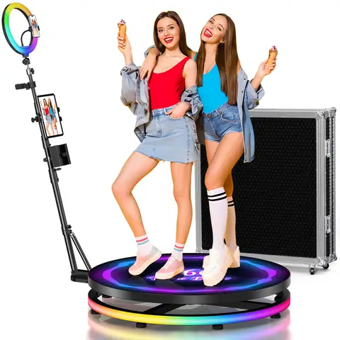 Cabine Photo 360 avec Flight Case, lumière RGB 360, Machine pour fêtes de mariage, application télécommande, cabine rotative automatique