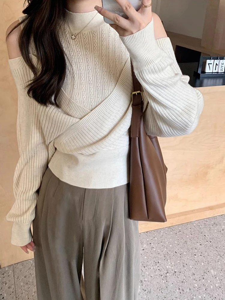 Mori Girl Fashion Spliced Knitted Sweater Off Shoulder Simple O-Neck Long Sleeve Female Pullovers Chic Streetwear Preppy Style