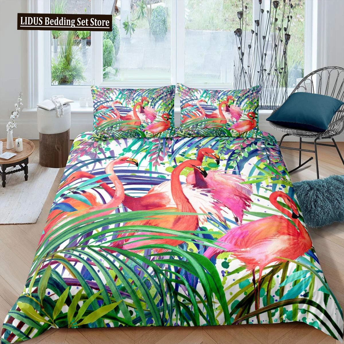 

Flamingo Duvet Cover Set Tropical Leaves Comforter Cover Palm Tree Pattern Bedding Set Colorful Polyester Quilt Cover For Kids