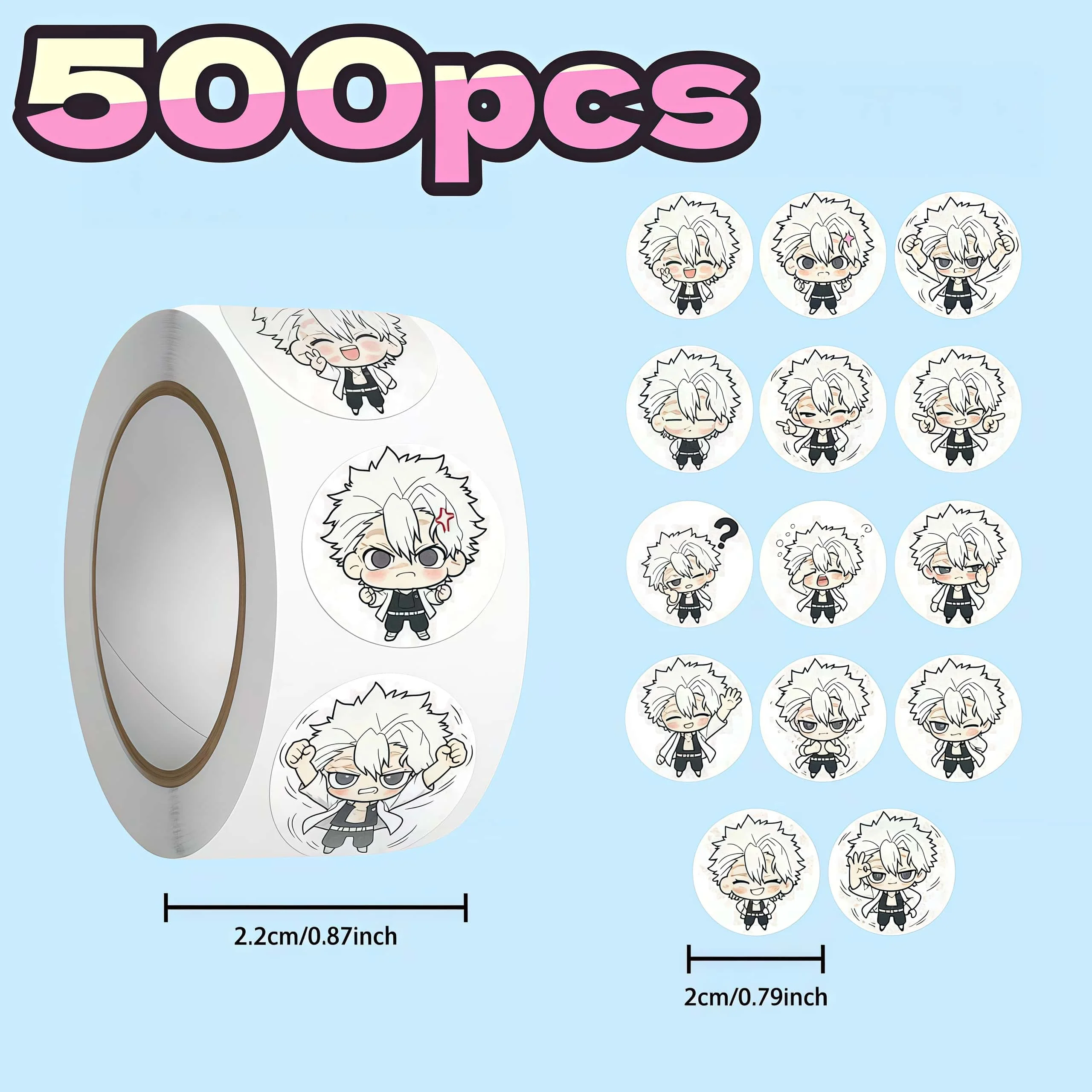 500Pcs Sanemi Shinazugawa Round Stickers, Demon Slayer Q Version Cute Character Decor Stickers for Laptop Journal DIY