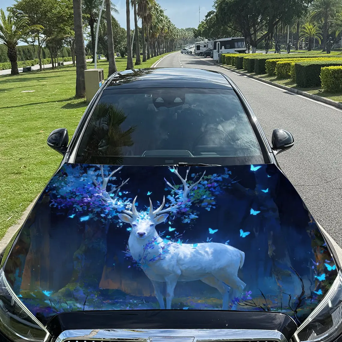 Dreamy Spirit Deer & Butterfly Print car hood stickers, waterproof self-adhesive, scratch resistant, easy to stick, durable car