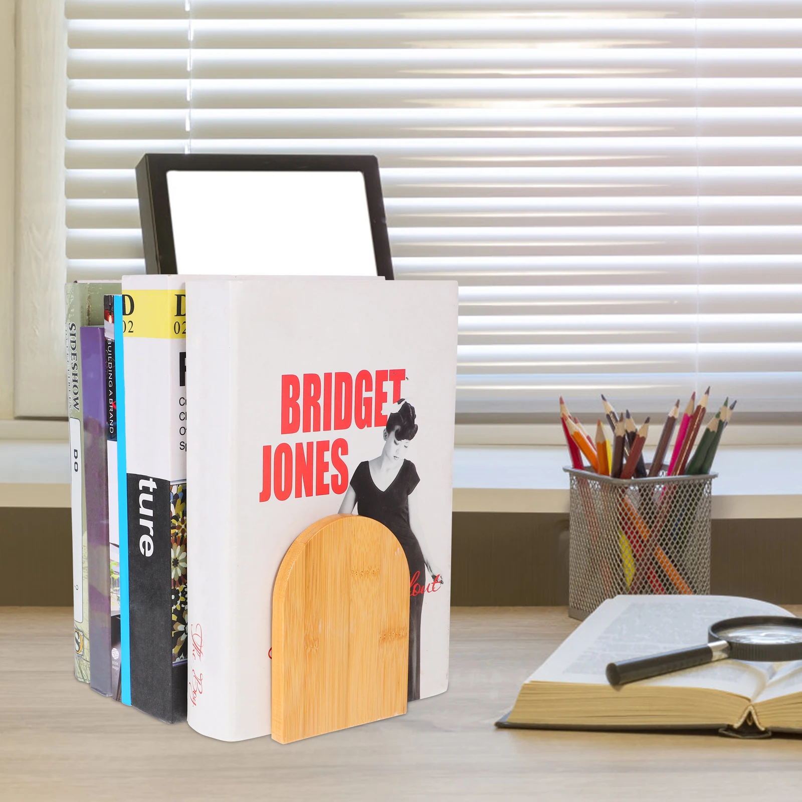 

2pcs Bookends Bamboo Metal Bookends Decorative Book Holder Organizer for Office Classroom Library Study Supplies