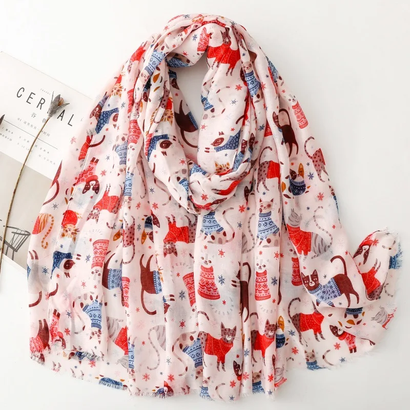 

Luxury Women Viscose Scarf Summer Beach Shawl Long-Tailed Cat Print Cotton Linen Feeling Tassel Muslim Hijab Wrap Turban