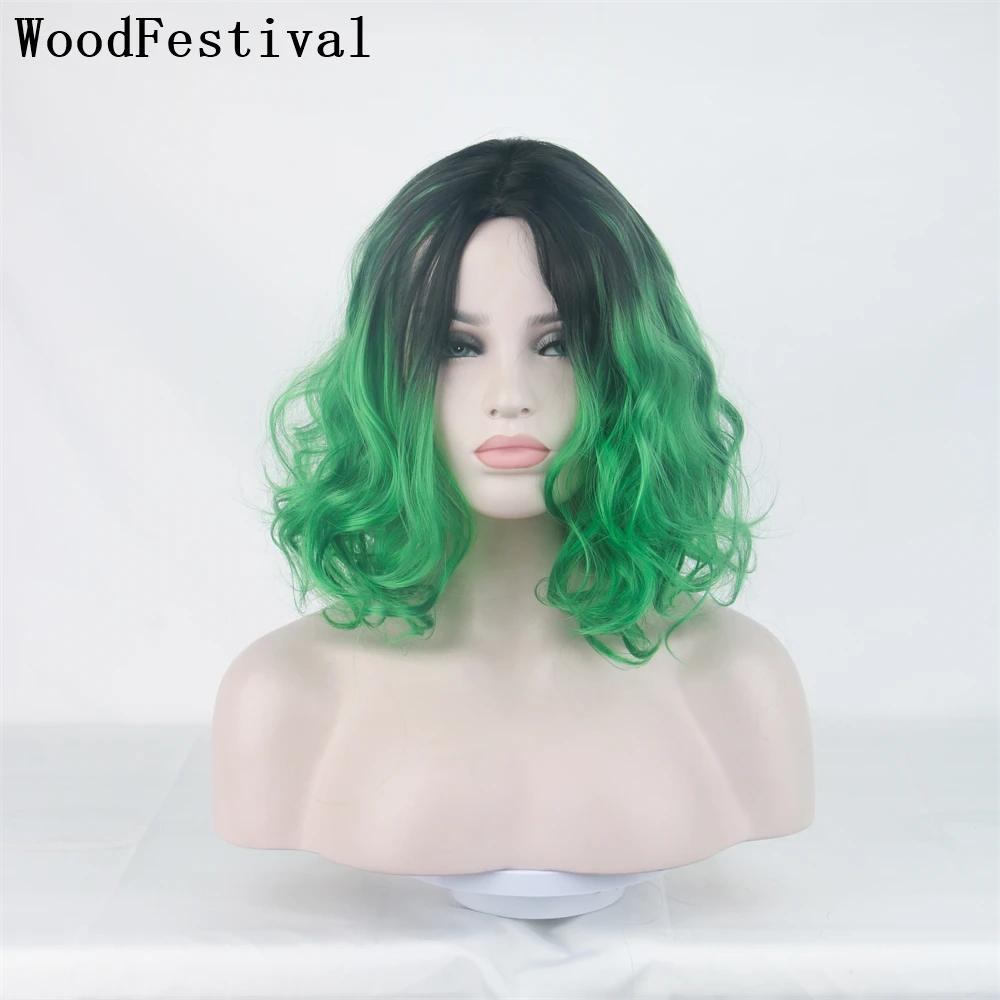 

WoodFestival Synthetic Hair Black Green Wig Short Wigs For Women Cosplay Ombre Curly Burgundy Mix Female