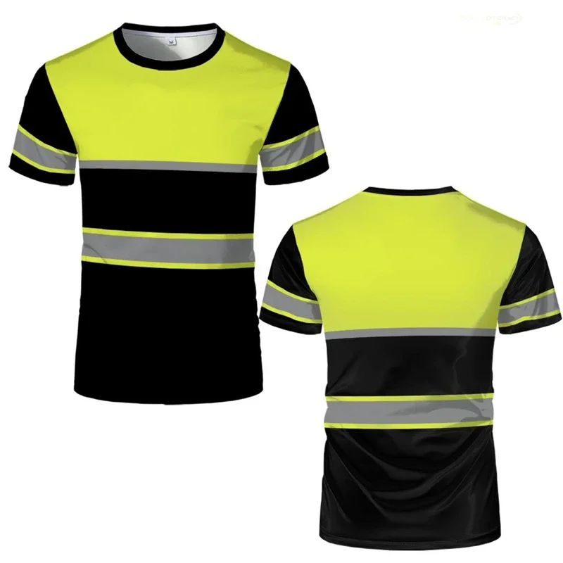 Simple striped safety work T-shirt summer casual short sleeved 3D printed round neck T-shirt top