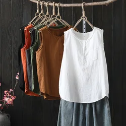 Women's Cotton Tank Tops Japan Fashion Summer Sleeveless Loose T-Shirts Tops Mori Girl Casual Button Down Shirts