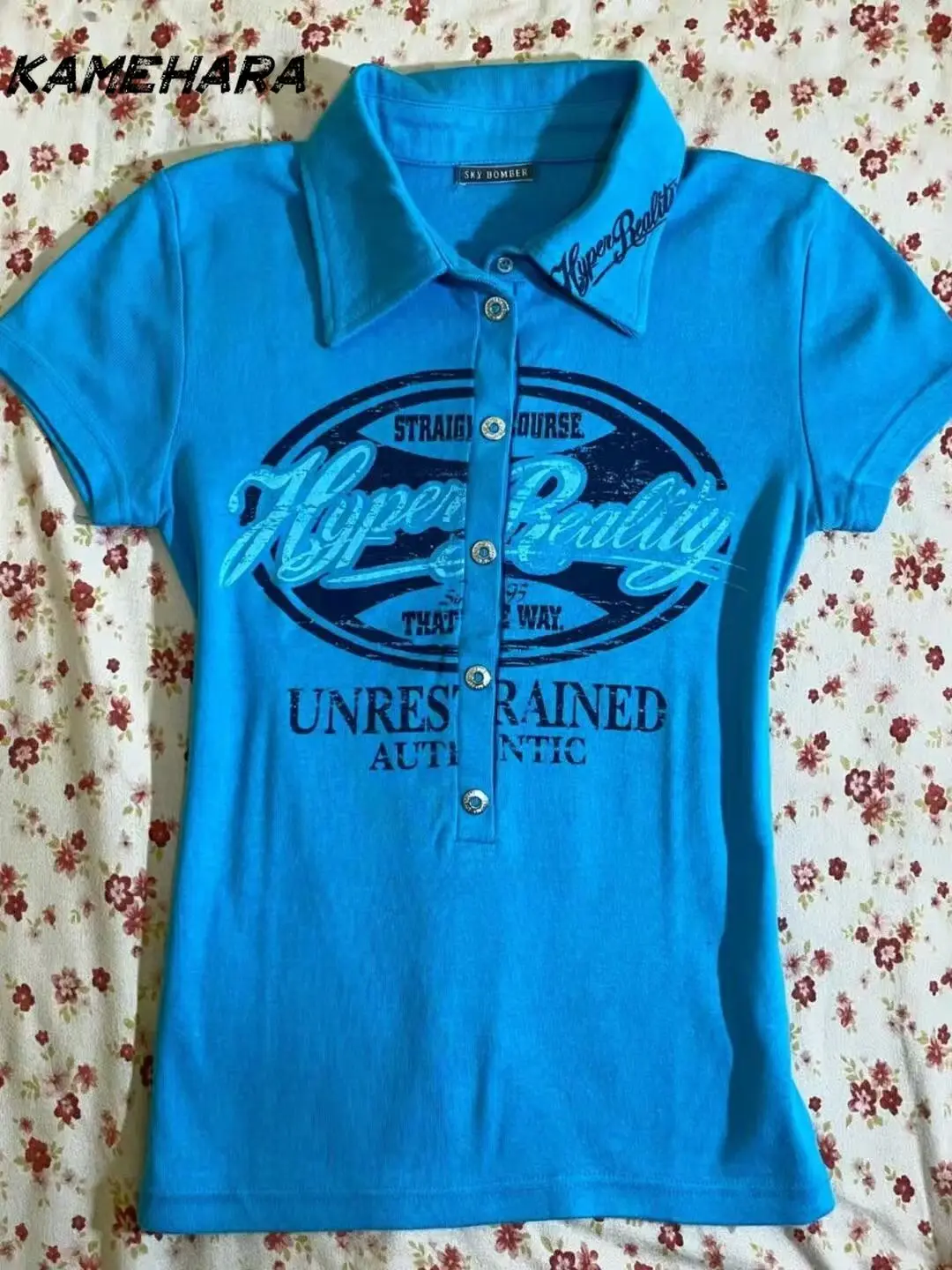 

KAMEHARA Summer American Retro Button Collar Short Sleeve T-shirt for Women Design Sense of Niche Thin Subcultural Tops 민소매 티 여성