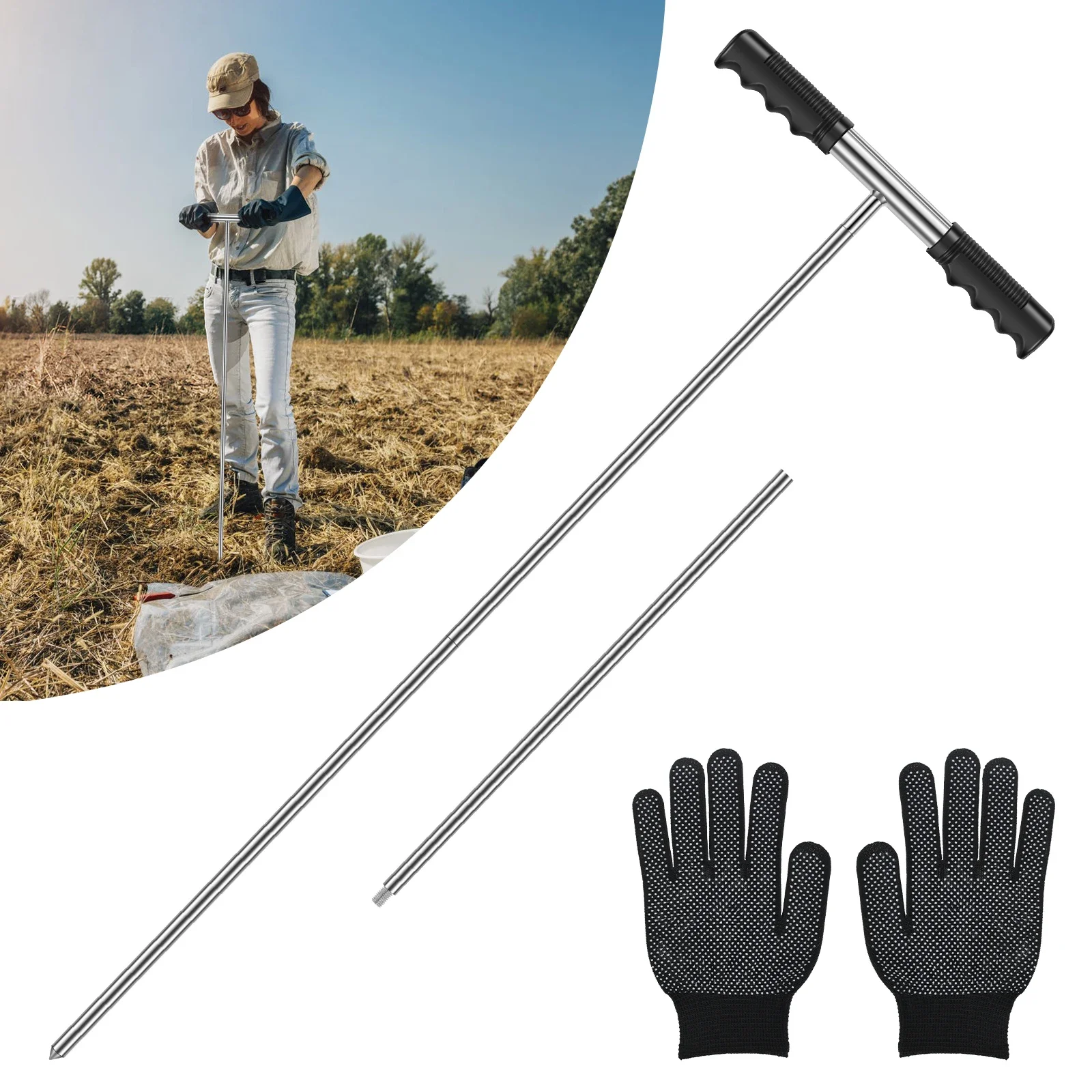 Stainless Steel Soil Probe Rod with T Handle Height Adjustable Ground Probe Rod Portable Ground Rod Tool for Locating Septic