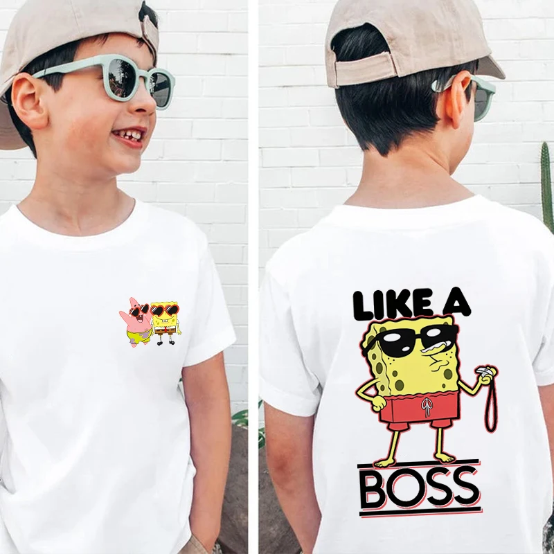 MINISO SpongeBob SquarePants kids T-shirt pure cotton short-sleeved white top personality clothing for boys