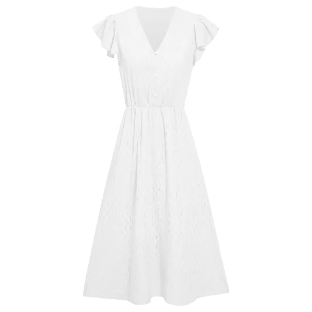 2025 Summer New Casual Women's Wear Solid Color V-neck Waist Fresh Style Dress Female Women Clothing