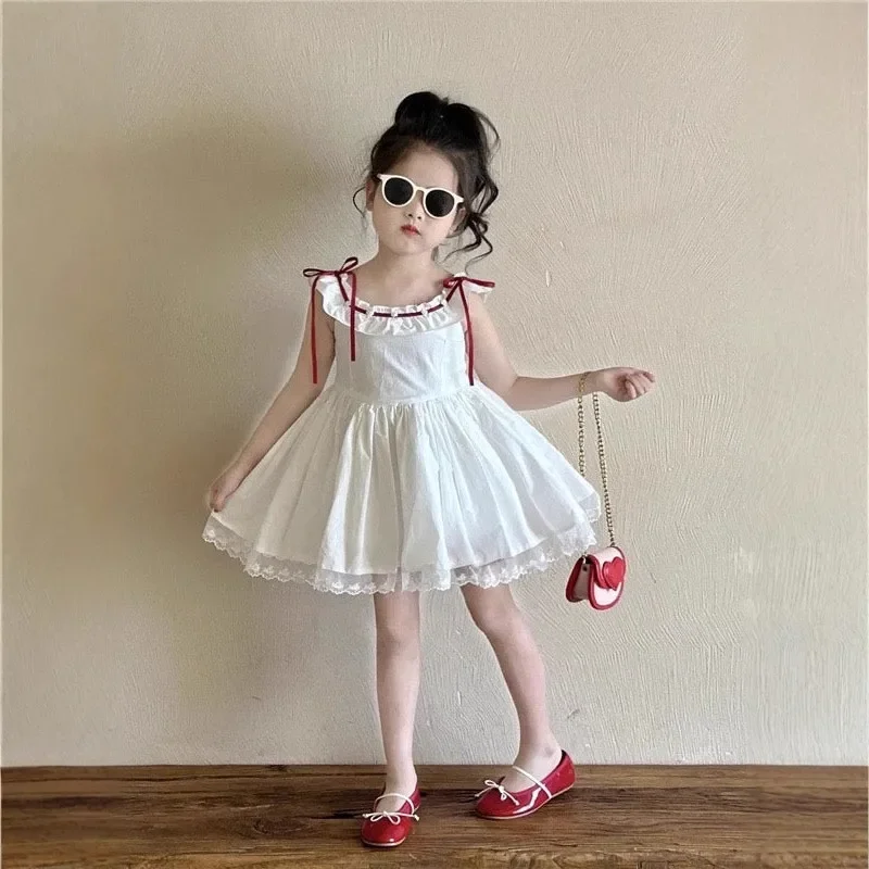 

Girls Dress Summer 2026 New Style Children's French Ruffled Sleeveless Lace Vest Princess Dress 2 4 6 7Y