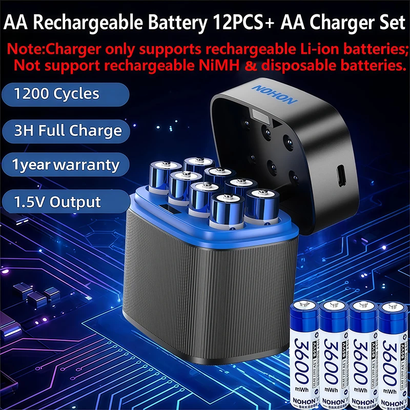 NOHON Wiederaufladbare Lithiumbatterie AA 3600 mWh/AAA 1300 mWh Originalbatterien Hohe Kapazität 1,5 V Batterie für Maus-Fernbedienung