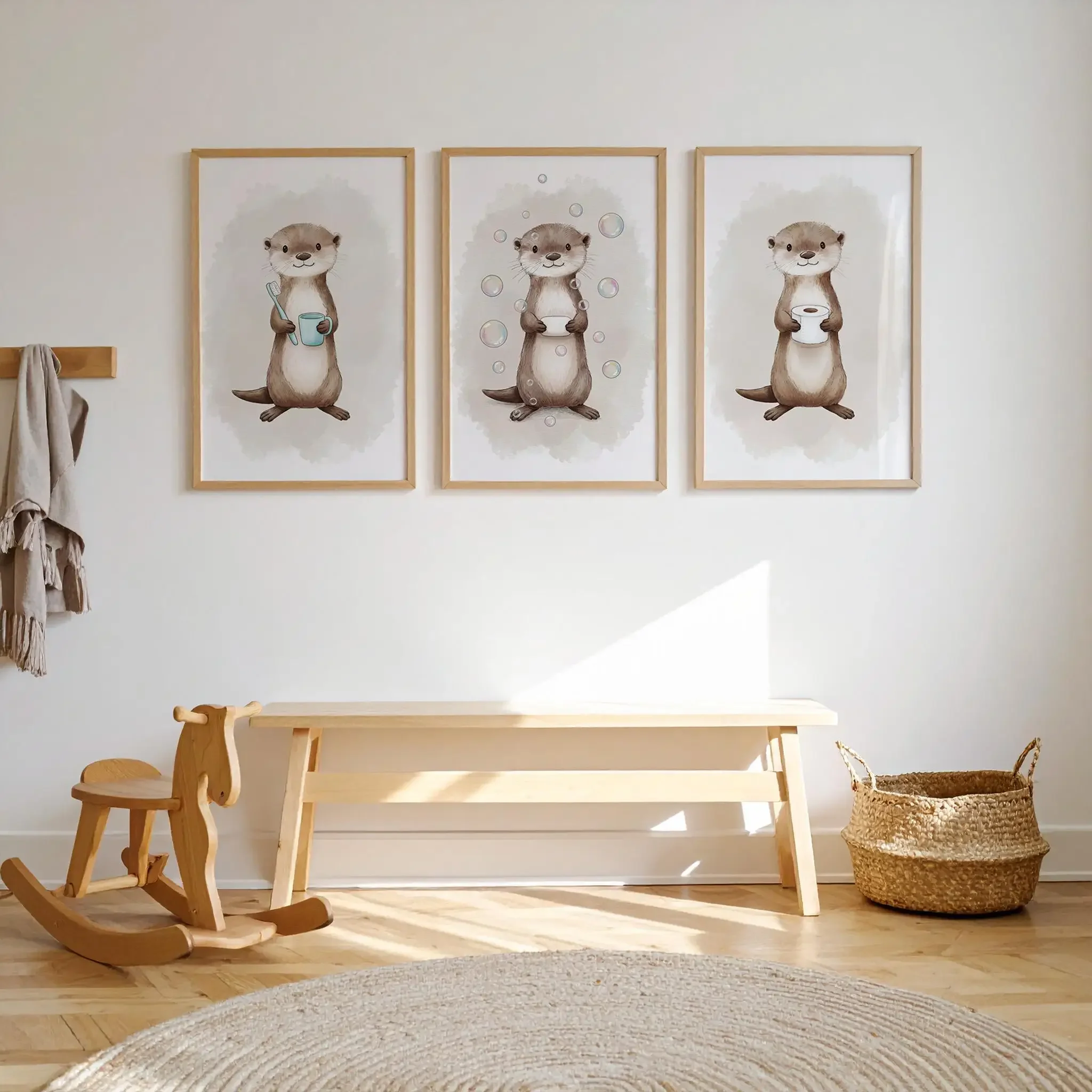 Multiple sizes 3pcs frameless Canvas Painting,3pcs Fun Otter Bathroom Decorative Toothbrush, Bubbles,Toilet Paper Cute Animal  C