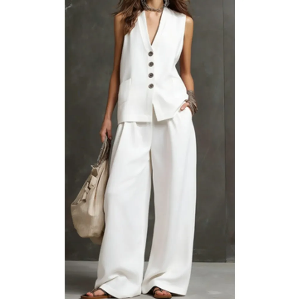 

Sleeveless Vest + Wide-leg Pants Two-piece Summer Women's New Linen Sexy V-neck Single-breasted Top Trousers Suit Костюм Женский
