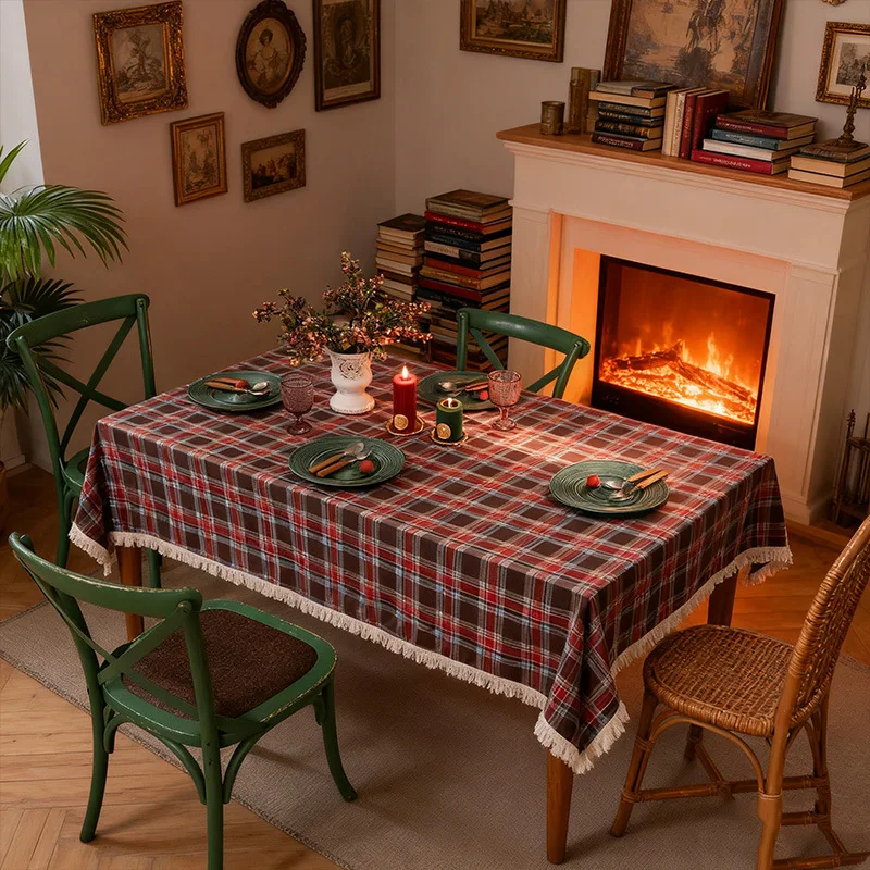 Christmas Tablecloth Plaid for Banquet Dining Party Table Decoration Accessories Tassel Dust-proof Anti-slip Durable Washable