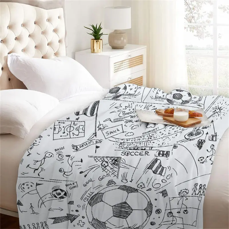 Soccer Theme Flannel Throw Blanket White Cartoon Soccer Ball and Field Design Warm Blanket For Boys Living Room Sofa Bed Decor