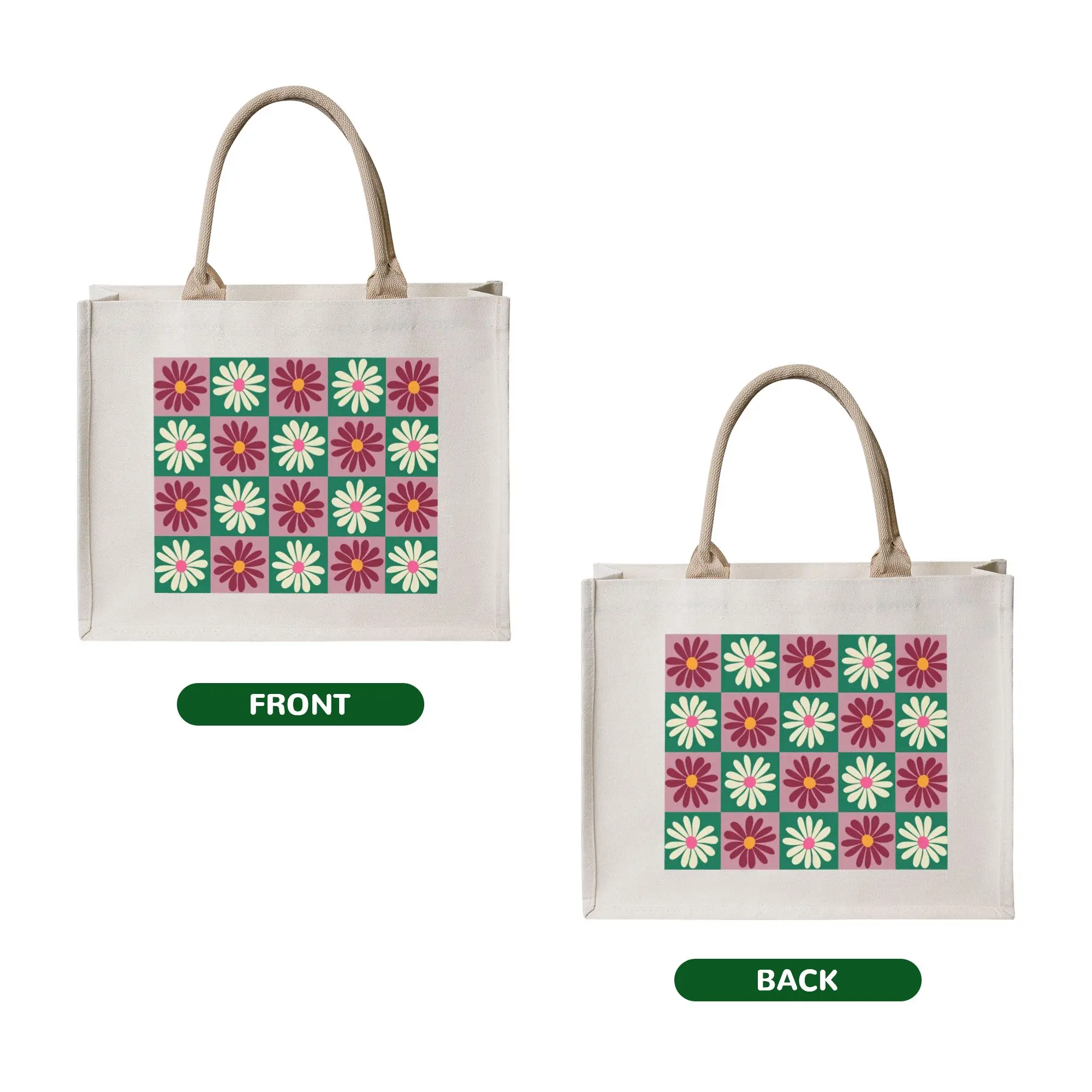 Fashion Print Daisy Flower Checker Tote Shopping Bags Portable Shoulder Shopper Floral Checkerboard  Handbag