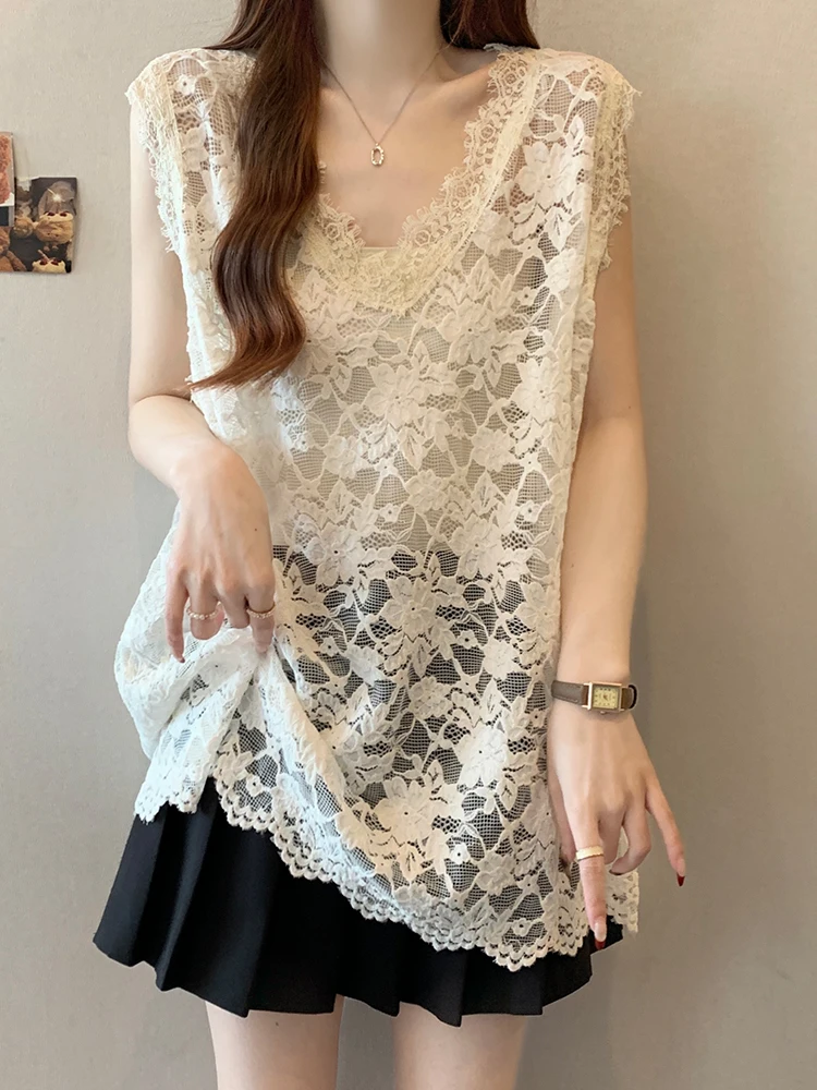 

Женская летняя майка с кружевной вышивкой и V-образным вырезом, больших размеров, средней длины, повседневная, без рукавов