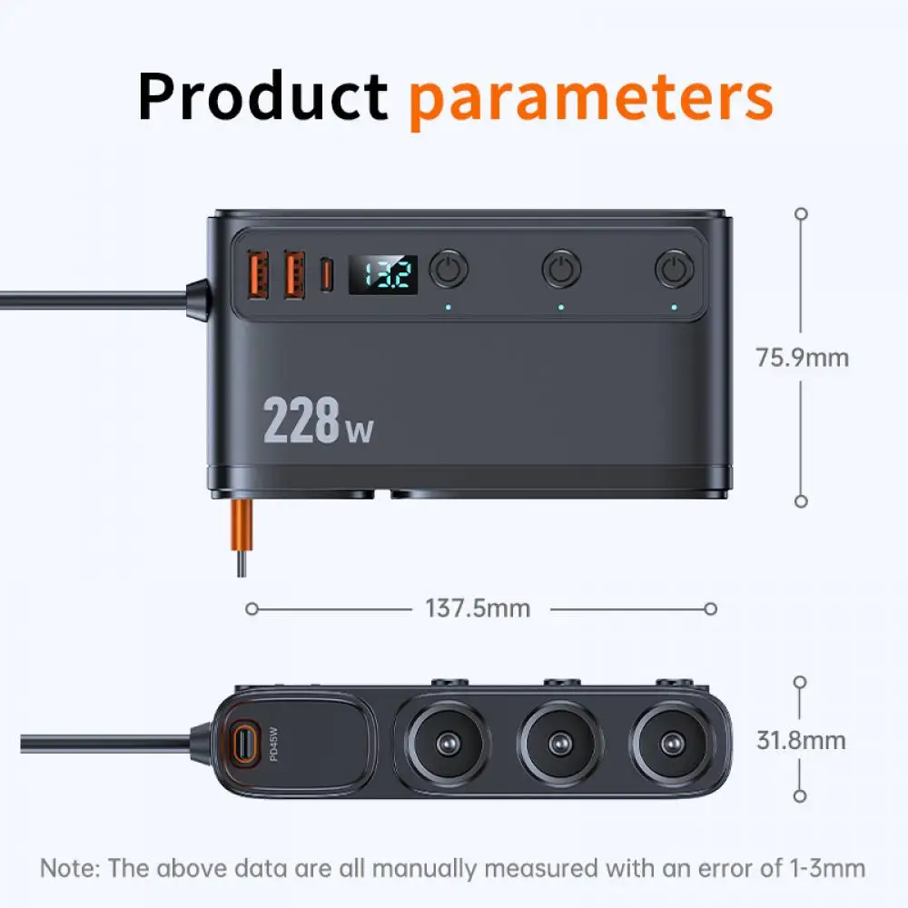228W 9 in 1 Car Charger Adapter Charge Independent Switches PD36W/45W QC3.0 18W 3 Socket Cigarette Lighter Splitter with Voltage