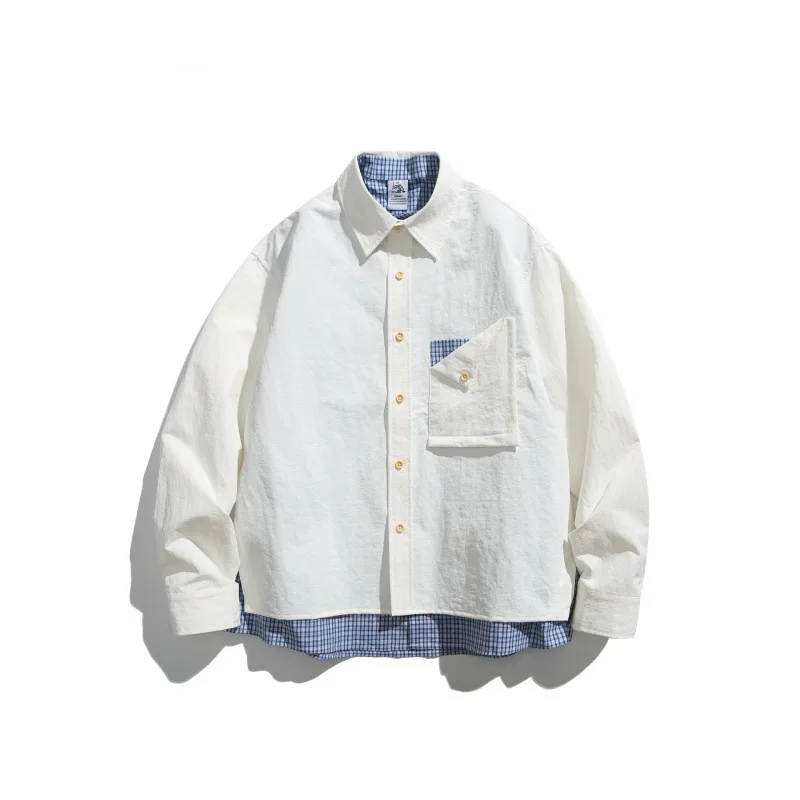 

Весна 2026: Новая рубашка в японском стиле с клетчатым пэчворком, длинным рукавом, из дышащей смесовой ткани (полиэстер/хлопок), повседневная, свободного кроя, на пуговицах