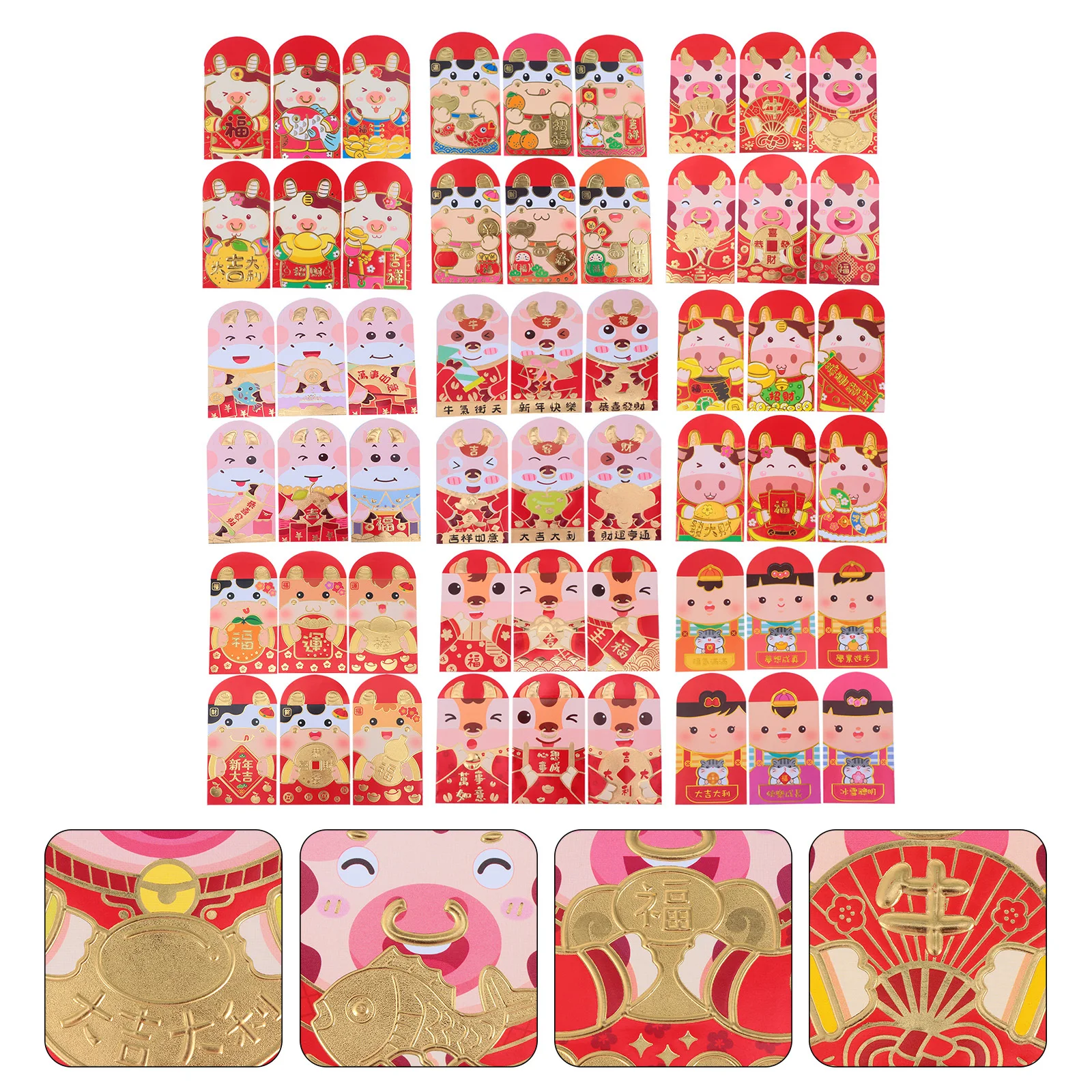 

54pcs Cartoon Red Packets Chinese New Year Money Bags Festive Gift Envelopes Ox Year Celebration Holiday Decor