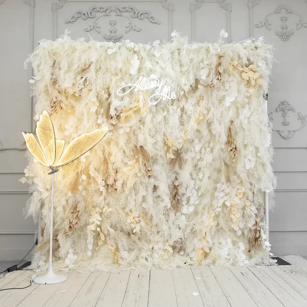 

Uflower Artificial Flower Wall White Pampas & Champagne Phalaenopsis Arrangement Wedding Backdrop Roll Up Fabric Floral Wall