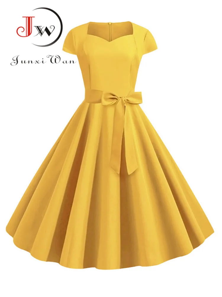 Summer Solid Yellow Color 50s 60s Vintage Dress Women Short Sleeve Square Collar Elegant Office Party Midi Dresses Belt