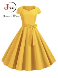 Summer Solid Yellow Color 50s 60s Vintage Dress Women Short Sleeve Square Collar Elegant Office Party Midi Dresses Belt