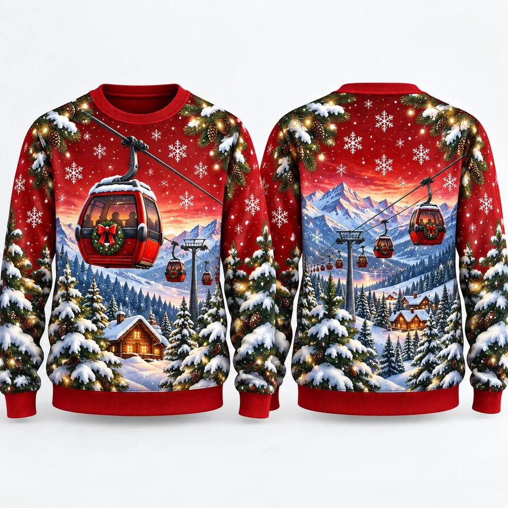 New Alpine Cabin Ugly Christmas Sweater for Men Women Festive Holiday Party Crewneck Pullover Long Printed Seasonal Sweaters