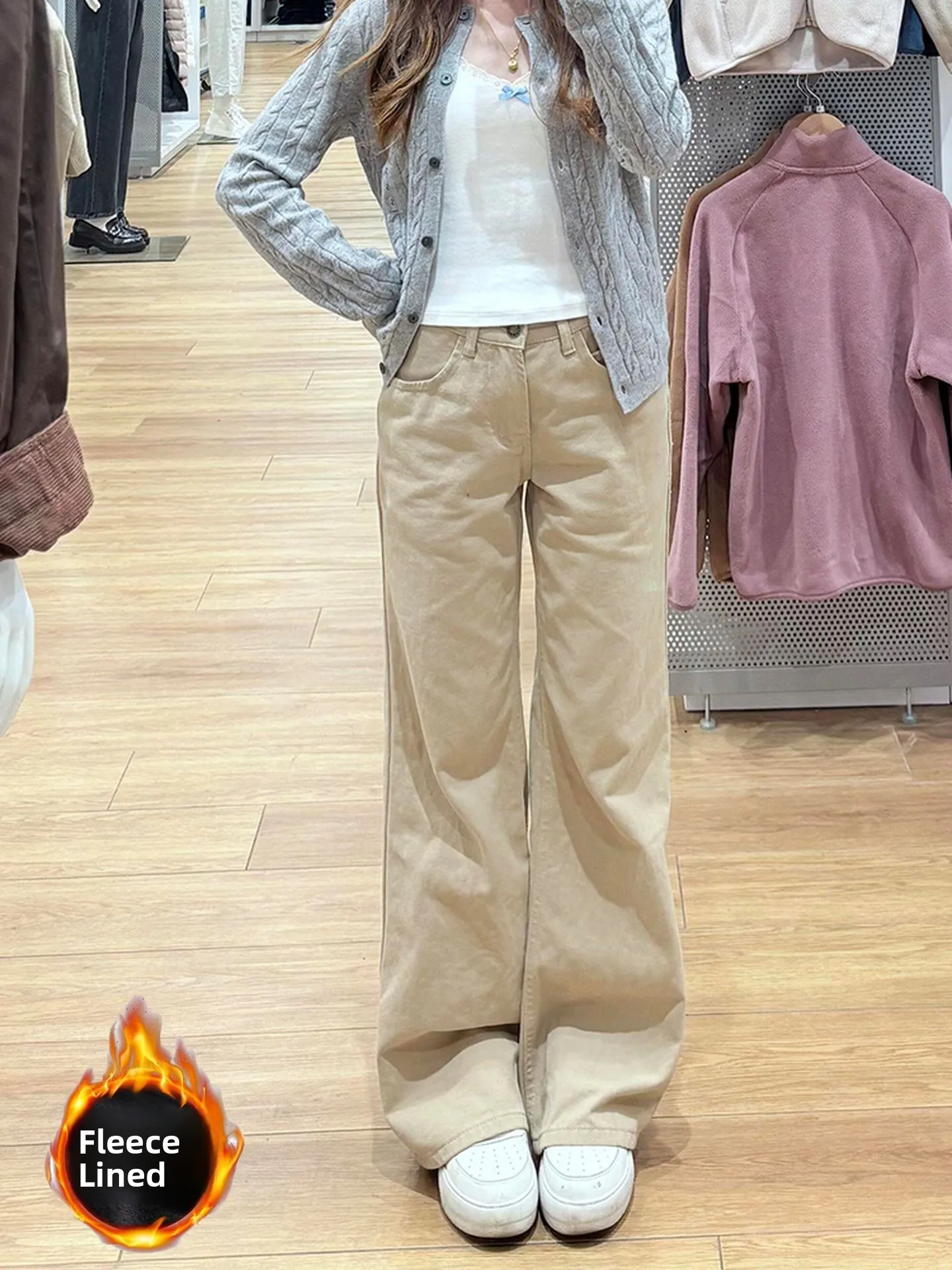 

Американские свободные джинсы цвета хаки на подкладке, женские осенне-зимние новые длинные брюки с высокой талией и широкими штанинами, облегающие