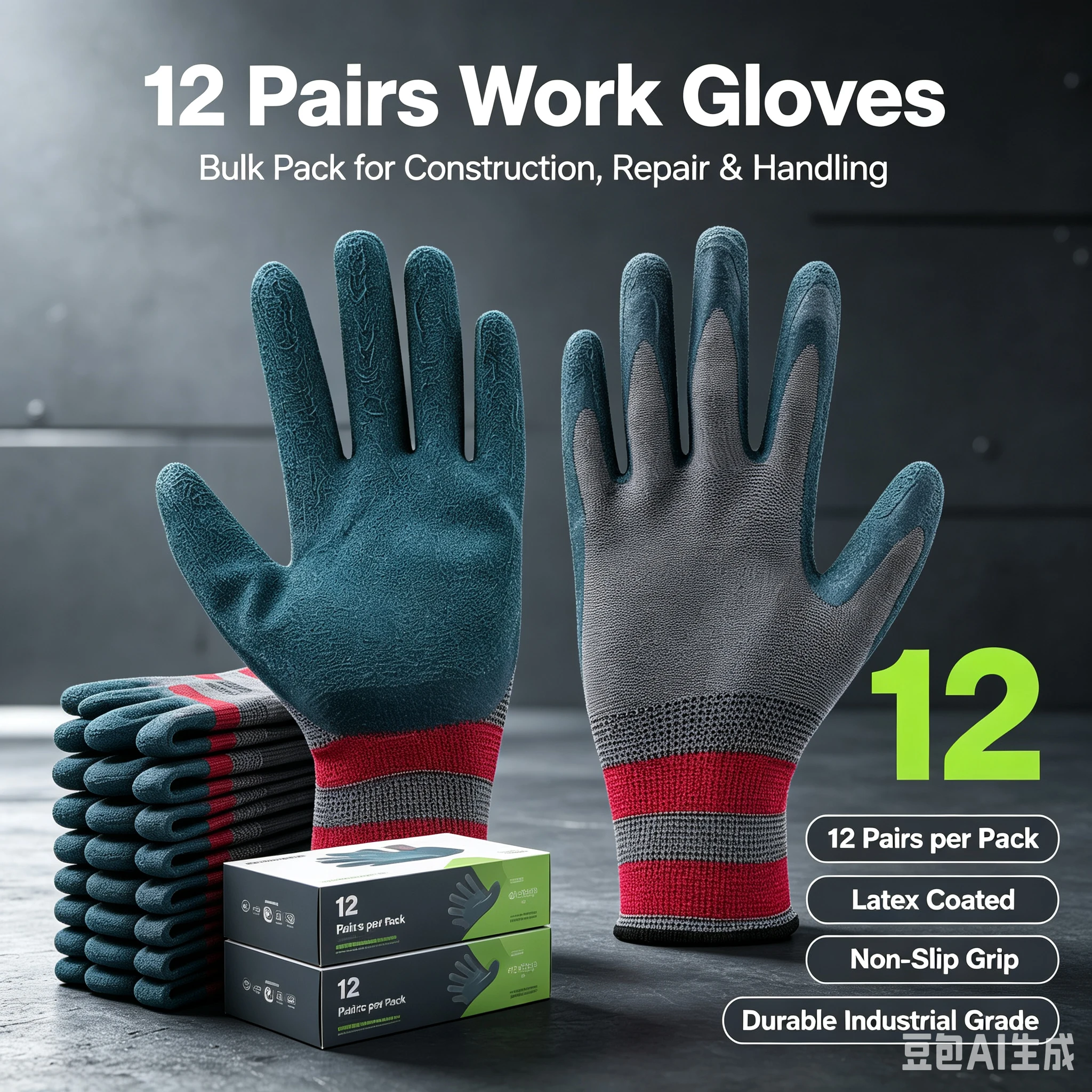 12PCS Heavy Duty Work Gloves High Wear-Resistant Rubber Palm Anti-Slip Thermal Fleece Lined for Cold Weather Jobs
