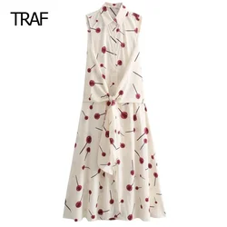 TRAF Women's Summer Sundresses 2024 Candy Print Shirt Dresses Midi Single Breasted Belt Dresses Elegant Long One-Piece Dresses