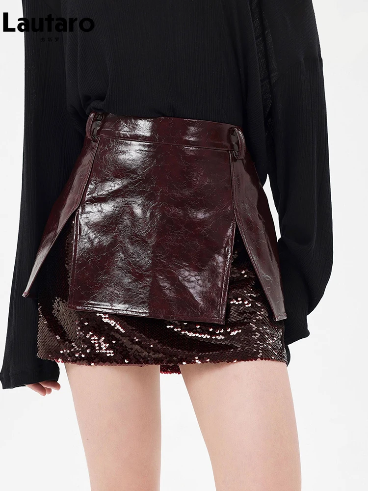 

Юбка мини Lautaro из искусственной кожи с блестящими пайетками и вставками, с двумя боковыми разрезами, дизайнерская, люксовая, в стиле Emo, весна-осень 2026