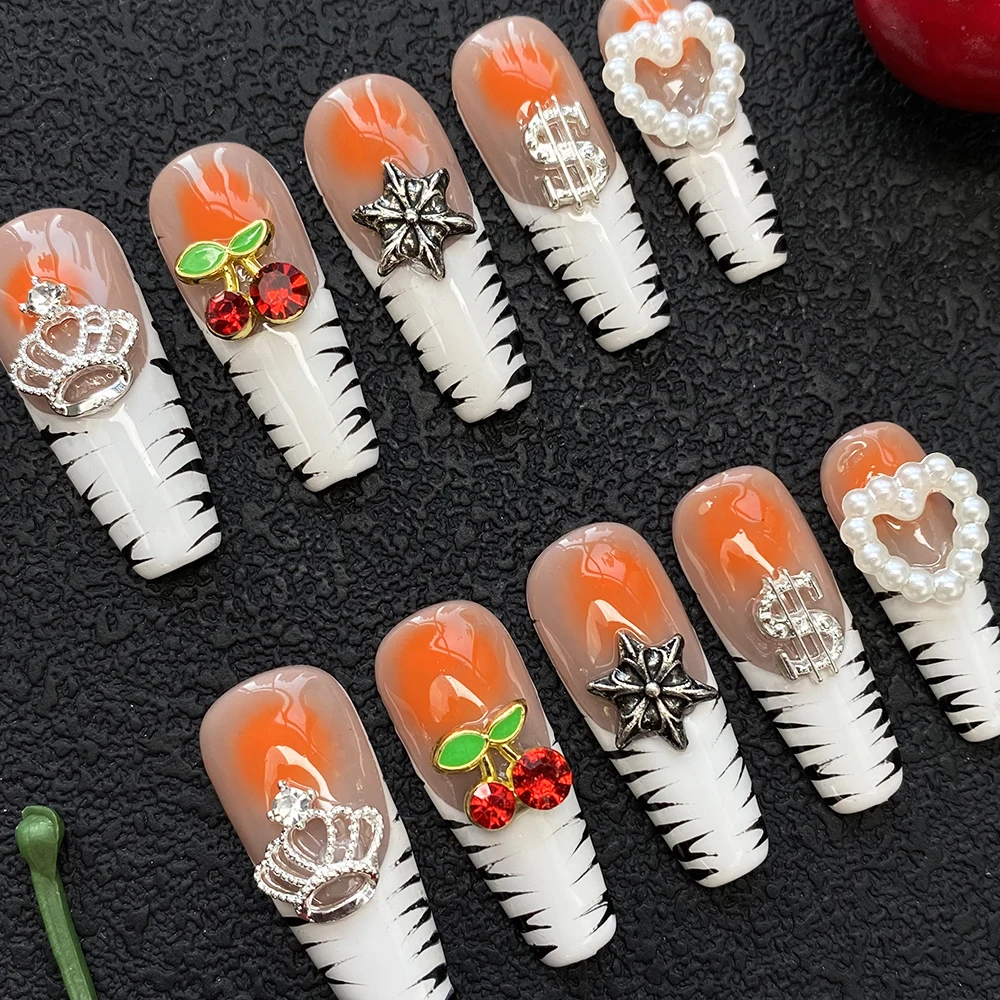 

10 шт. Изысканные многоразовые накладные акриловые ногти ручной работы, короткие квадратные, с УФ-гелем, ручной росписью, с клеем и инструментами