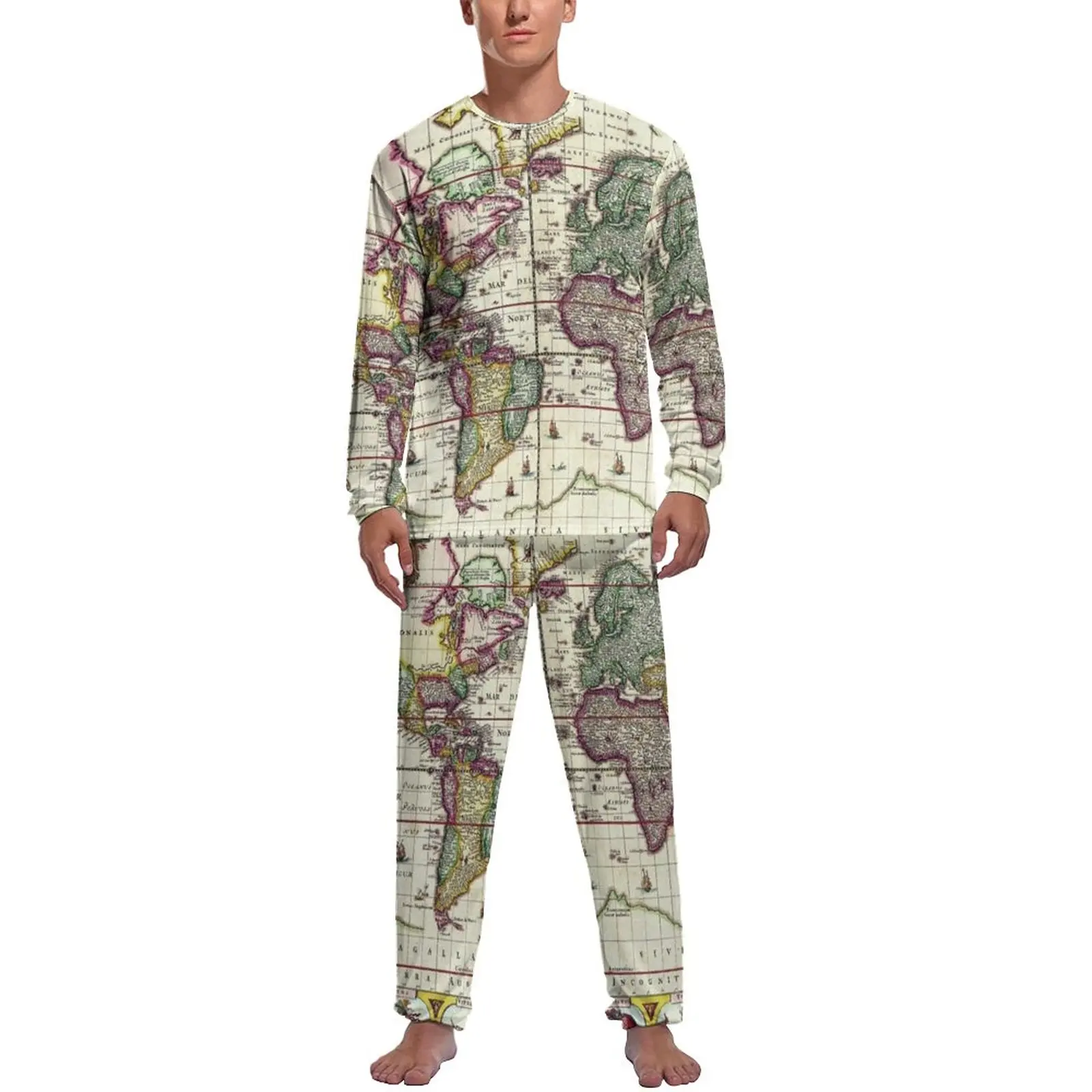 Earth Map Pajamas Long Sleeve Vintage 1652 World Map 2 Pieces Bedroom Pajama Sets Spring Men Graphic Trendy Sleepwear