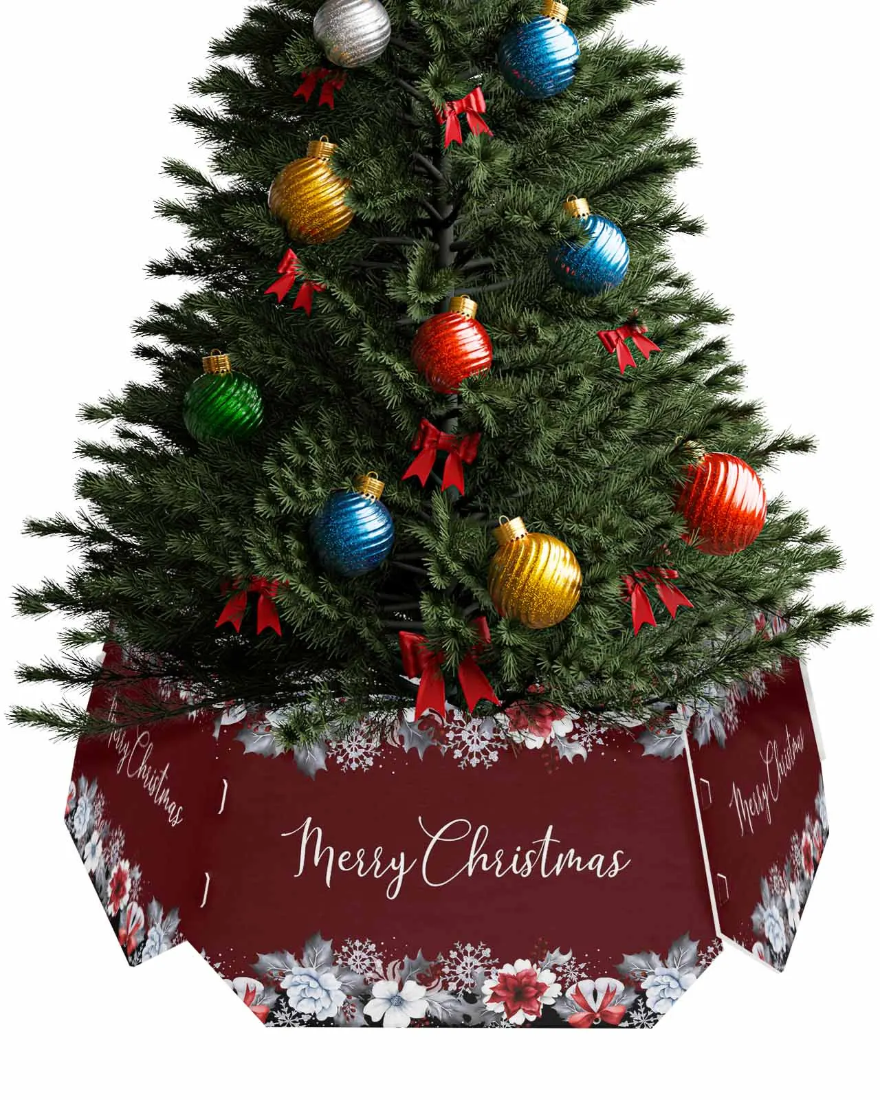 Flowers Bells And Colorful Lights Christmas Tree Creative Printed stereoscopic Tree Bottom Decoration Festival Party Tree Skirt