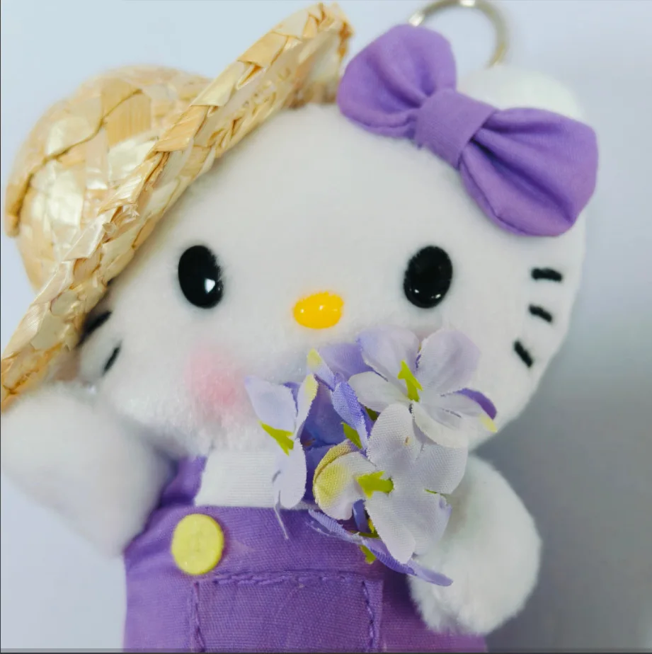 Hello Kitty Plush Doll Keychain Wearing A Straw Hat Kitty Stuffed Toys Pendant Keyring Children Bags Plushie Keychain