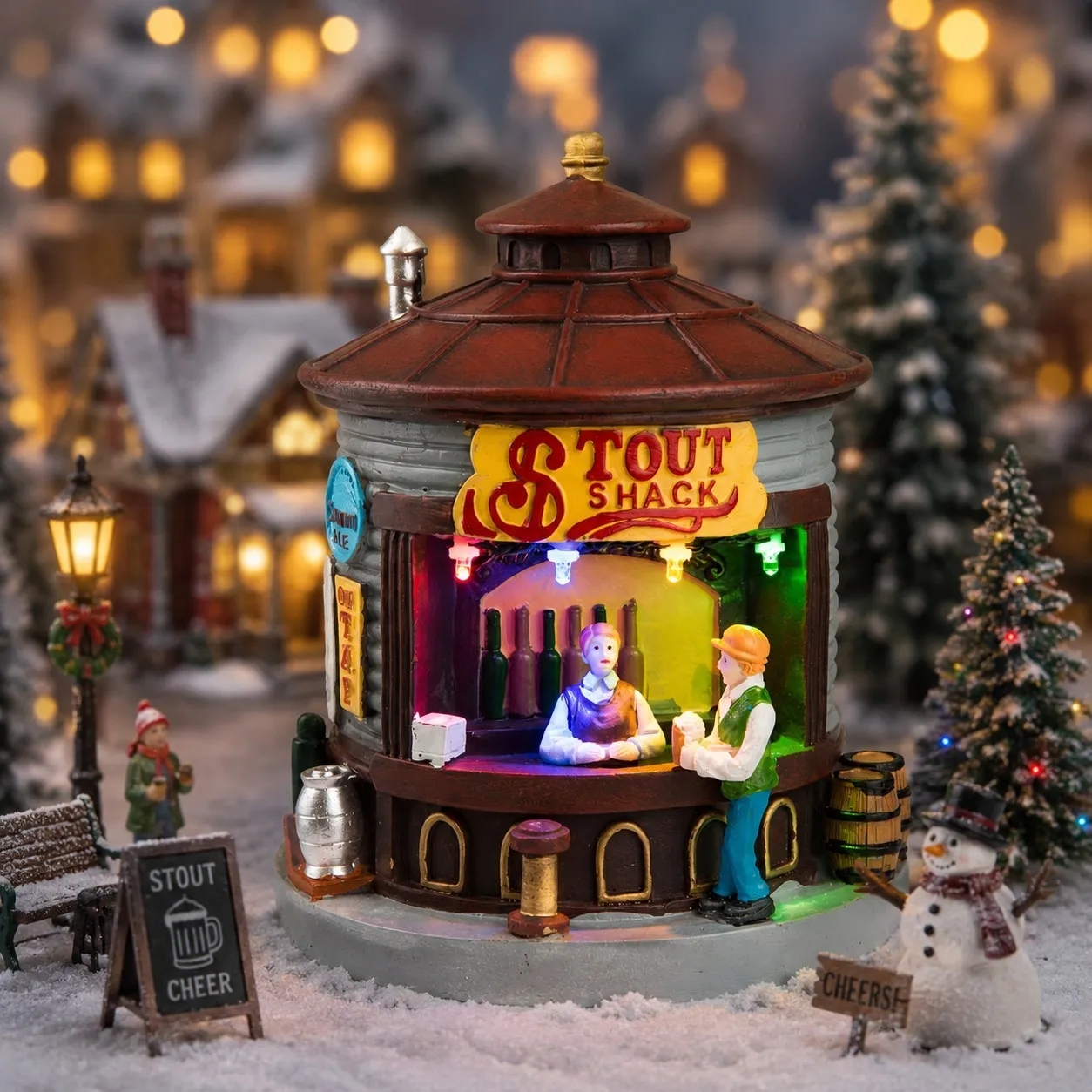 Miniature de maison de village de Noël LED, cabane lumineuse en résine, statue de pub de bière artisanale, ornement de Noël pour bureau, décoration du Nouvel An