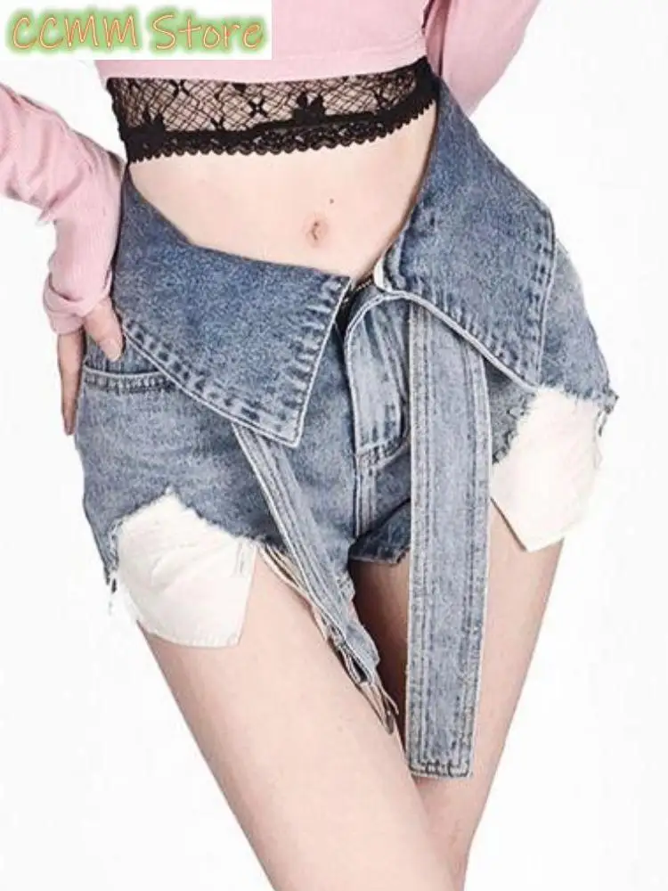 New Summer Bule Fashion Shorts Women Patchwork Korean Style Designer Denim Pants Female High Waist Casual Vintage Pants