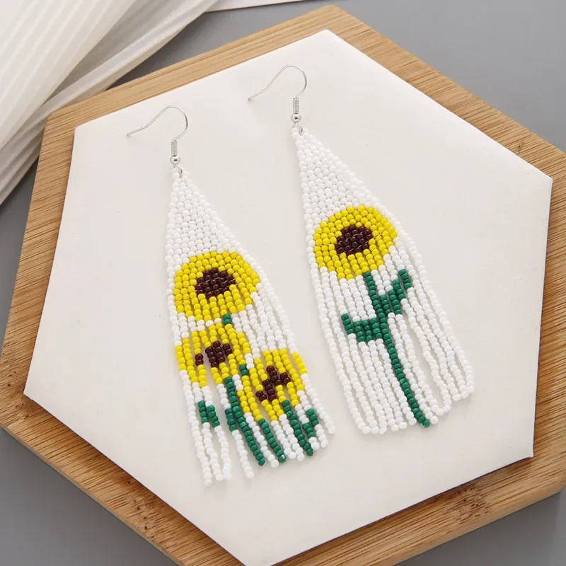 Bohemia Sunflower Rice Bead Earrings for Women Hand-Woven Tassel Simple Versatile Beaded Jhumka Ear Jewelry