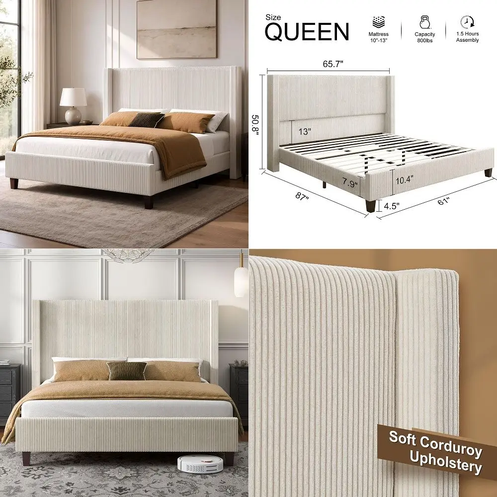 Queen Size Bed Frame with 50.8 Inch Corduroy Wingback Headboard, Cream Modern Upholstered Platform Bed, Solid Wood Slats, No Bo