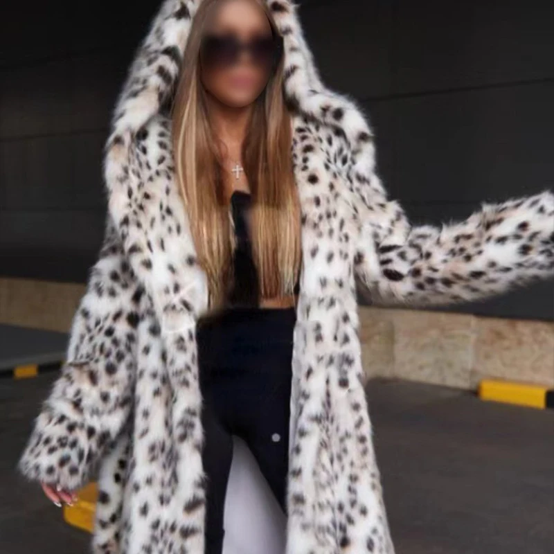 ファッションレディースレオパード柄フェイクファーコート冬シックロングカラフル厚手暖かいソフトヘアリーハイグレードふわふわファー付きオーバーコート