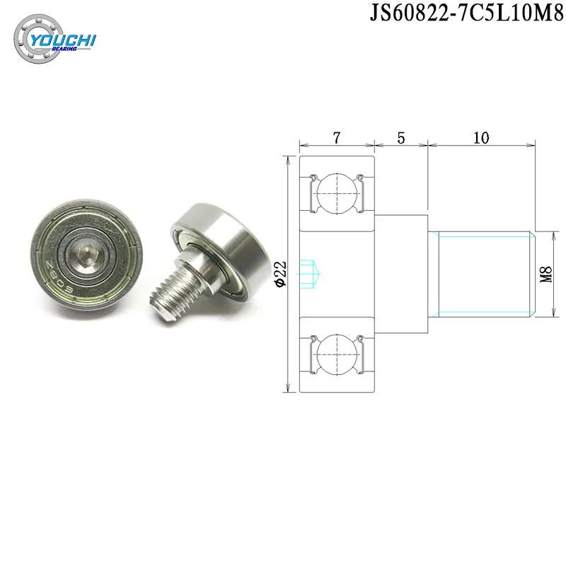 10pcs 608ZZ Threaded Bearing  OD 22mm Stainless Steel Metal Screw Ball Bearing JS60822-7C5L10M8 Bolt Pulley Wheel Screw M8