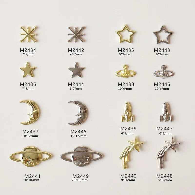 100 piezas de remaches y adornos metálicos 3D de aleación en oro y plata con diseños de estrellas, lunas, planetas y cohetes para manicura, accesorios de arte de uñas y dijes de decoración de uñas DIY