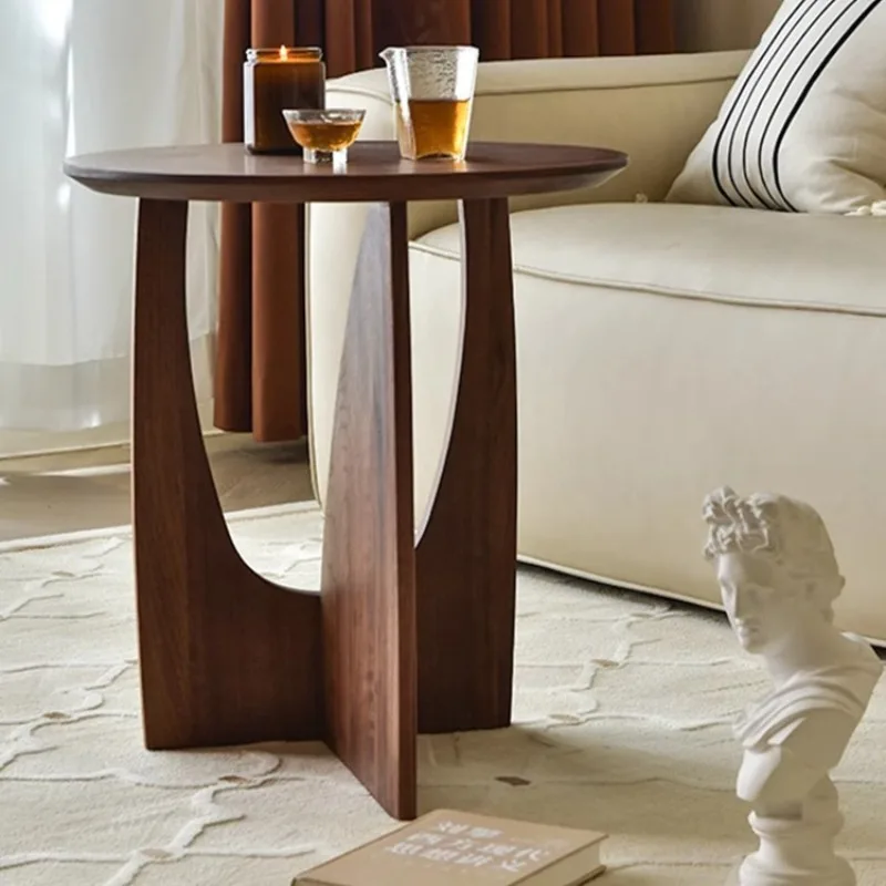 

Nordic solid wood edge sofa coffee table corner living room round small apartment household black walnut color table wooden