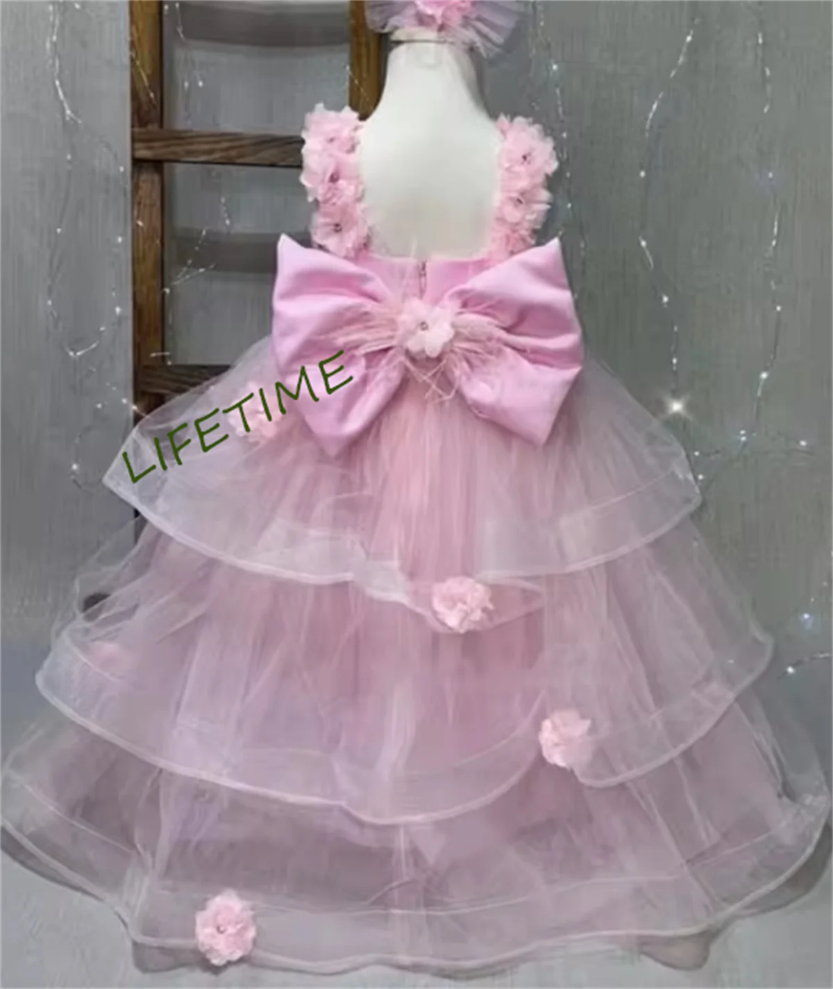 New Real Flower Girl Dress Pink Tulle Floral Ball Gown Princess Birthday Party Gown Wedding Kid Dress Big Bow Handmade Dress